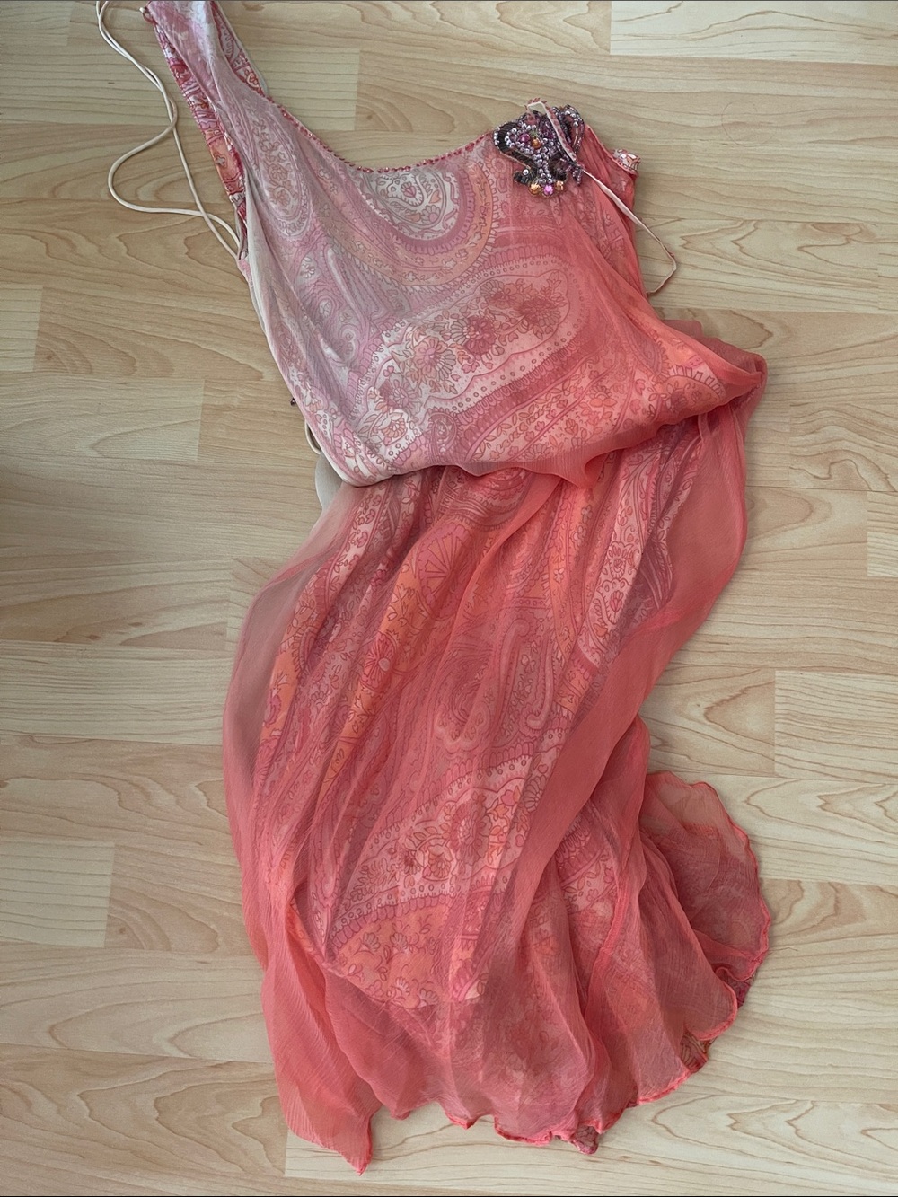 One-Shoulder Coral Paisley Evening Gown with Embellished Strap